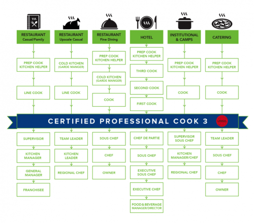 Career options after professional cook 3. Restaurant that is Casual/Family career options include prep cook/kicthen helper, line cook. Once the certified professional cook 3 is attained the career optoins are supervisor, kitchen manager, general manager, franchise. The career options for restaurant upscale casual are cold kitchen, line cook. Once the certified professional cook 3 is achieved the career options are team leader, kitchen leader, and regional chef. Restaurant Fine Dining career options include prep cook/kitchen helper, cold kitchen, cook. Once the certified professional cook 3 is achieved the career options are sous chef, chef, and owner. Hotel career options include prep cook/kitchen helper, third cook, second cook, first cook. Once the certified professional cook 3 is achieved the career options are chef de partie, sous chef, executive sous chef, executive chef, food and beverage manager/director. Insitutional and Camps career options are prep cook kitchen helper, cook, and once the certified professional cook 3 is achieved the career options include supervisor sous chef, kitchen management/chef, regional chef. Catering career options include prep cook and kitchen helper, cook. Once the certified professional cook 3 is achieved the career options include team leader, sous chef, chef, and owner.