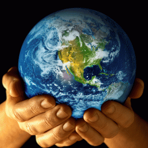 Two hands holding up the Earth
