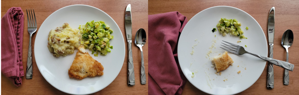 Photos showing a comparison between the delivered meal and one that has had 75 percent consumed